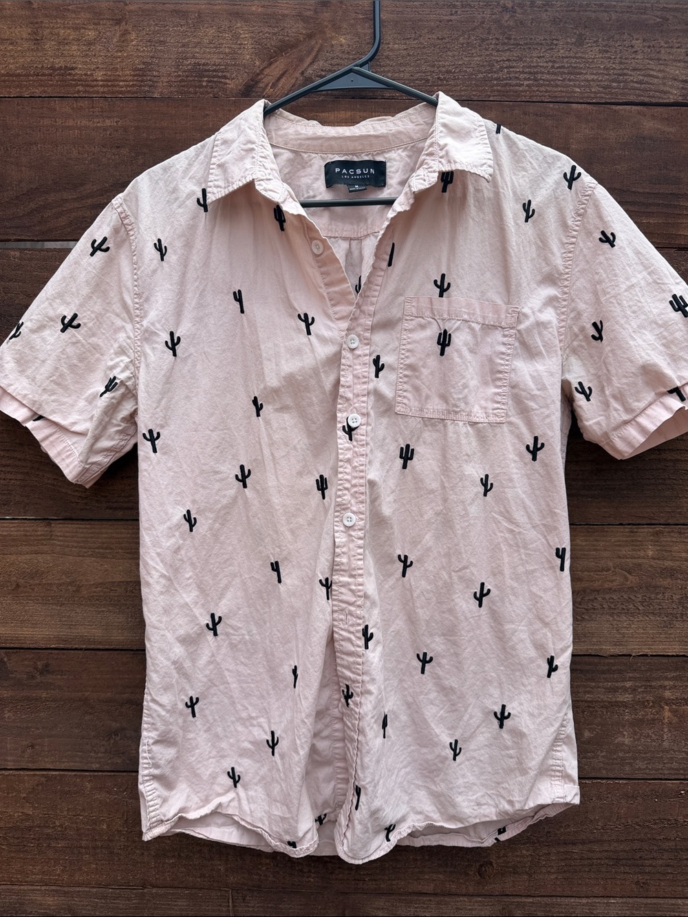 PacSun Light Pink Short-Sleeve Button-Up with Black Cactus Print